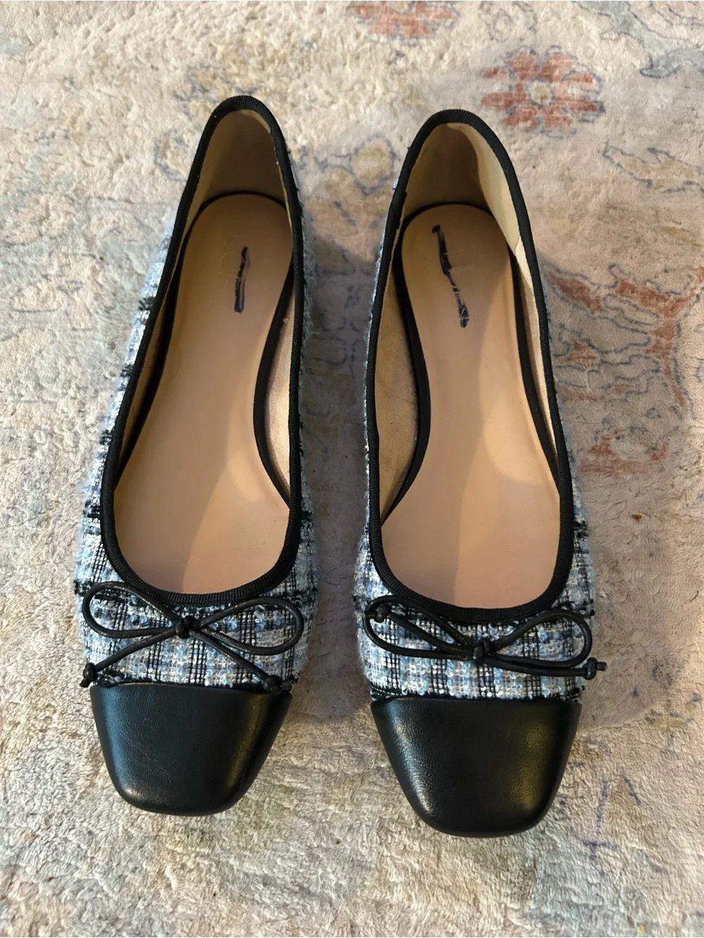 LOFT Black Tweed-Patterned Ballet Flats with Bow Trim
